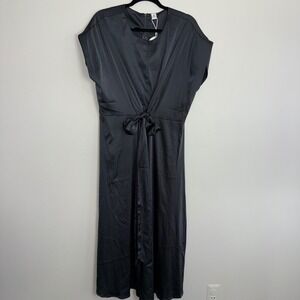 ANRABESS Black‎ Satin Midi Dress Tie Front Flutter Sleeve Zipper Back XL